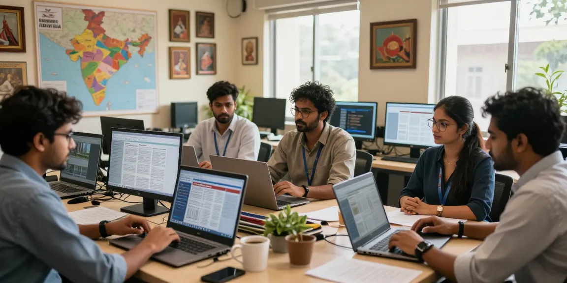 Newsroom at https://www.theindaily.com featuring journalists discussing India's latest events in a vibrant setting.