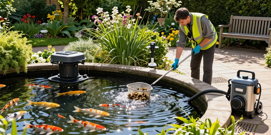 Professional Pond Cleaning London - A skilled technician cleaning a vibrant garden pond with koi fish, surrounded by beautiful greenery and bright sunlight.