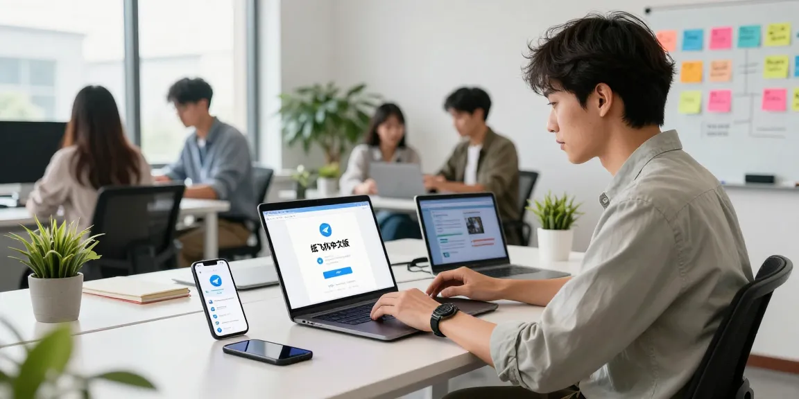 Engaged professional using 纸飞机中文版 on a laptop in a tech workspace.