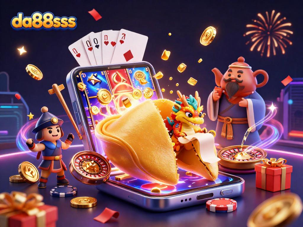 Experience the excitement of da88sss with a dynamic scene featuring a golden fortune cookie and slot games.