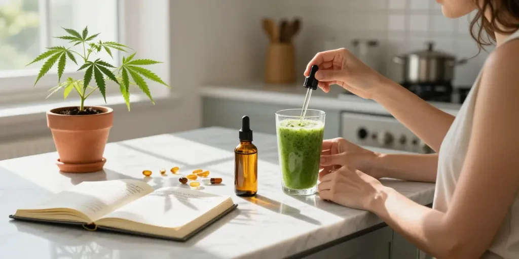 Leafy market CBD oil preparation during a healthy wellness routine.