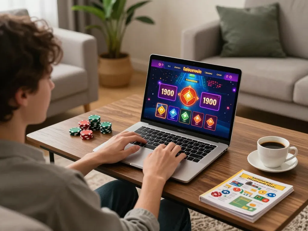 Engaging in an online taisunwin gaming session from a cozy home setup with a laptop and poker chips.