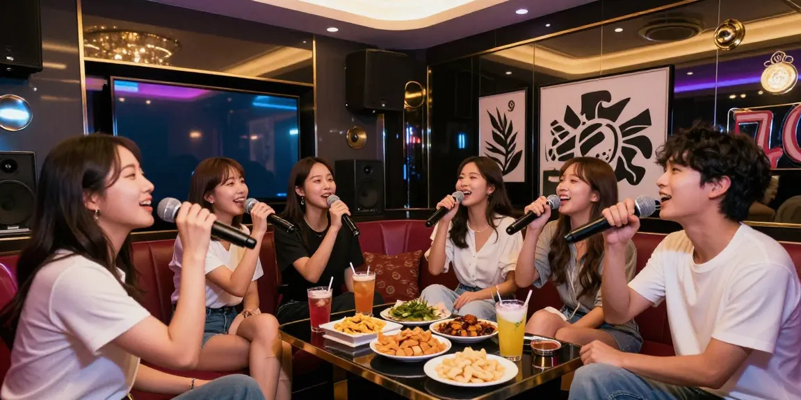 Group of friends enjoying a fun night at 강남 도파민 가라오케 with modern decor and lively atmosphere.