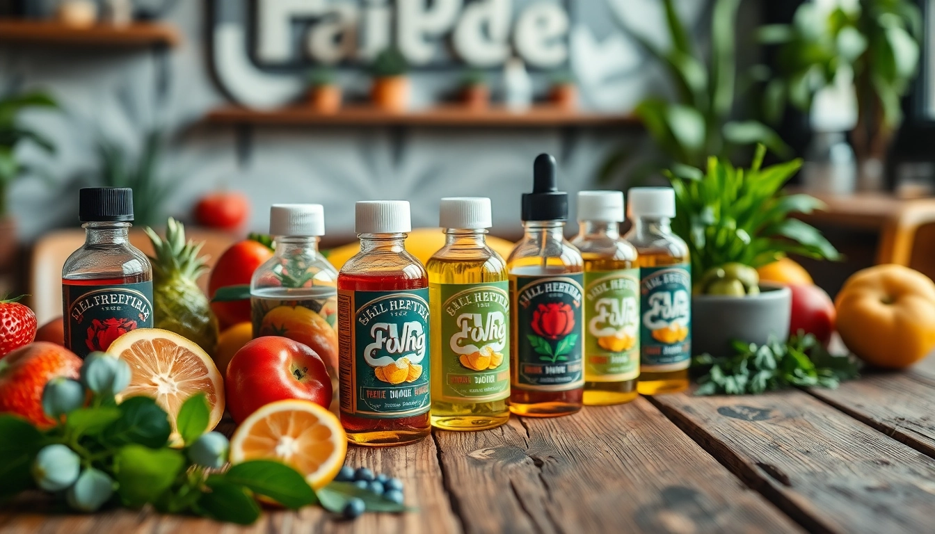 Showcase of Vape & E-Liquids bottles alongside fresh fruits and herbs for flavor.