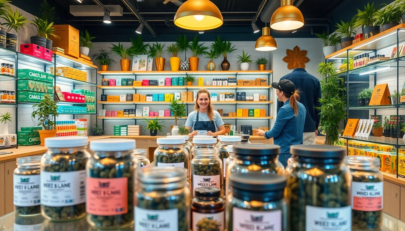 Engaging atmosphere at a Weed Store showcasing diverse cannabis products and customer interaction.