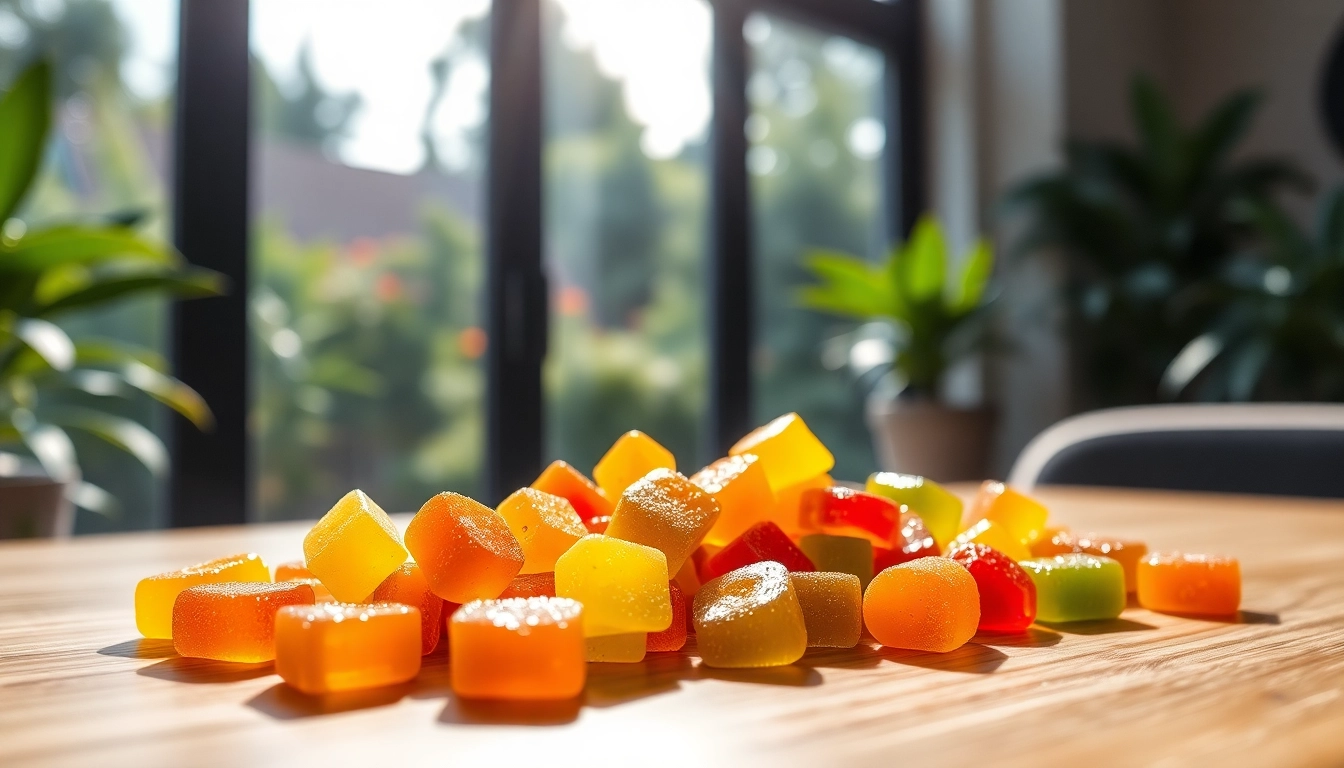 Enjoying vibrant Weed Gummies, displayed invitingly on a rustic wooden table under natural light.