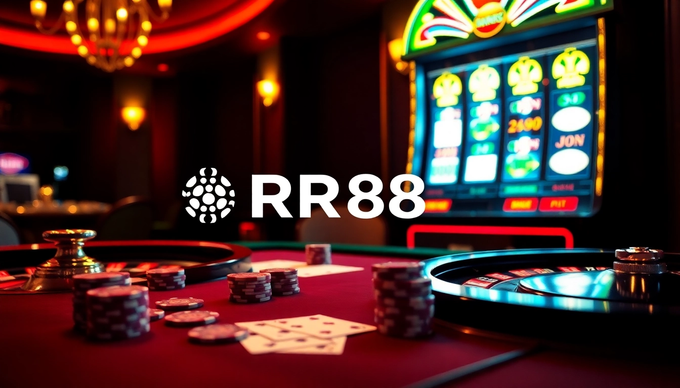 Experience high-stakes excitement at RR88 with a vibrant casino scene featuring poker and roulette.