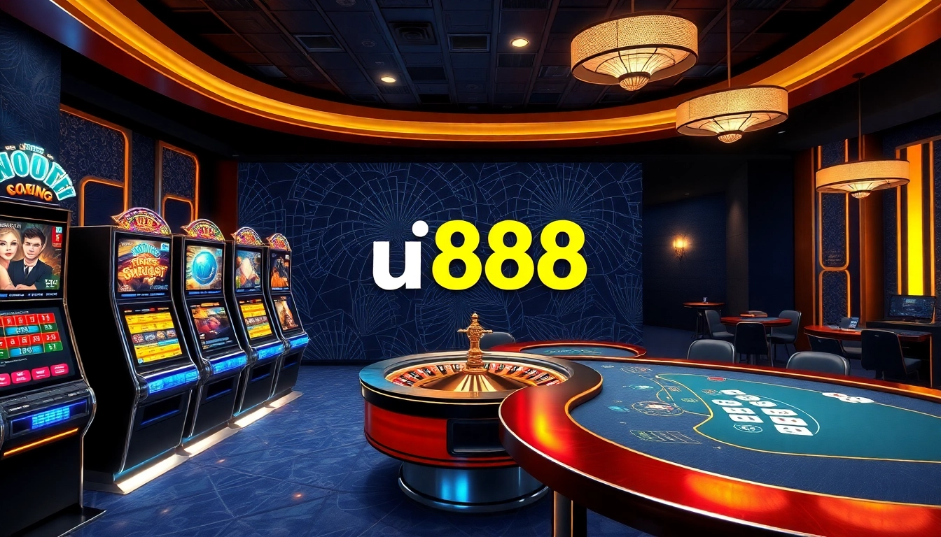 Win big at u888 with a luxurious online casino scene featuring vibrant slot machines and live action tables.
