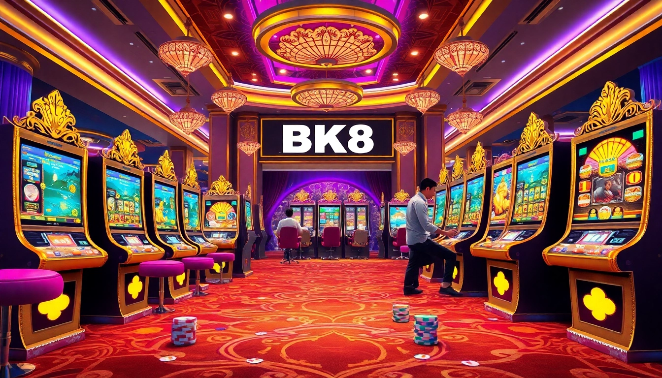 Engaging in BK8 สล็อต at a luxurious casino slot machine setup, capturing the excitement of winning.