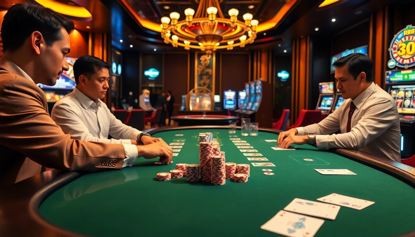 Players enjoy an exciting poker game at RR88 casino with vibrant chips and cards.