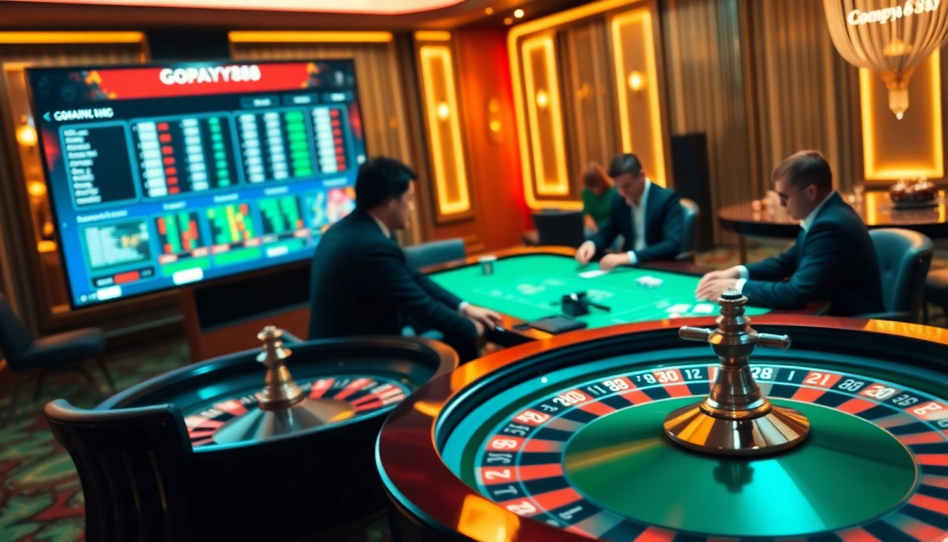 Players enjoy a thrilling Gopay88 online casino experience at a vibrant poker table.