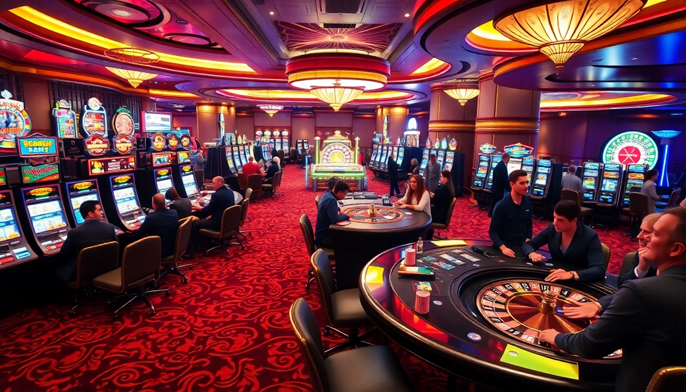 Players enjoying idn slot games in a vibrant, luxurious casino setting with colorful slot machines.
