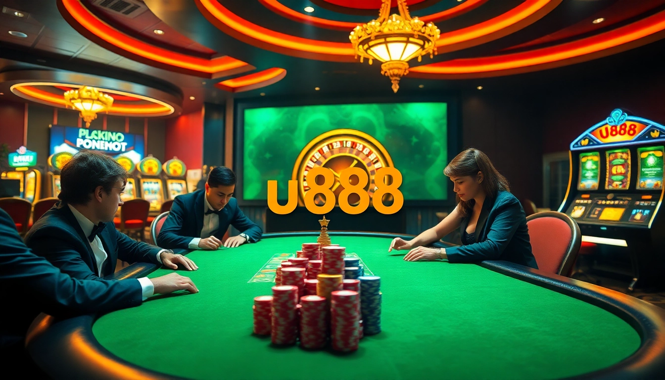 Players strategizing at a poker table in a luxurious u888 online casino environment.