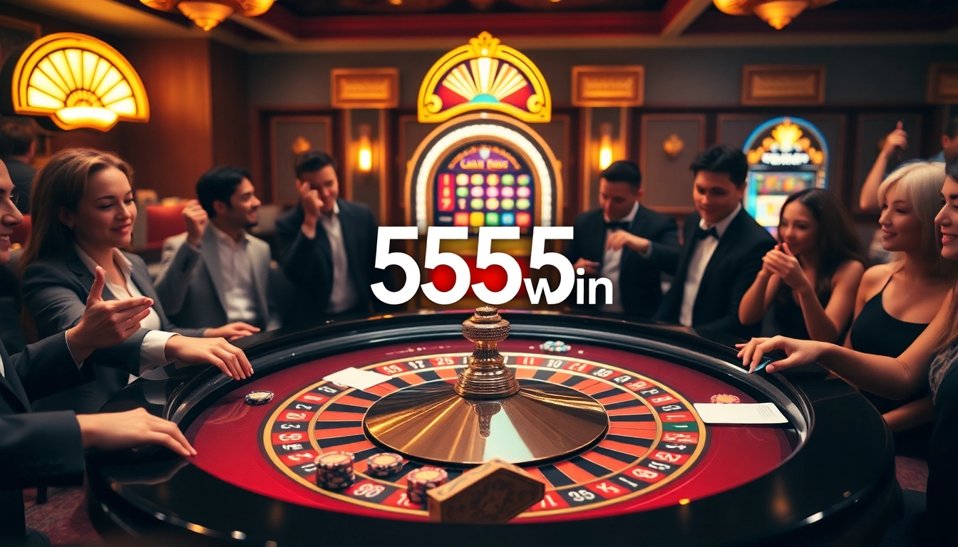 Gamblers celebrating a big win at the 555 win roulette table in a luxurious casino.