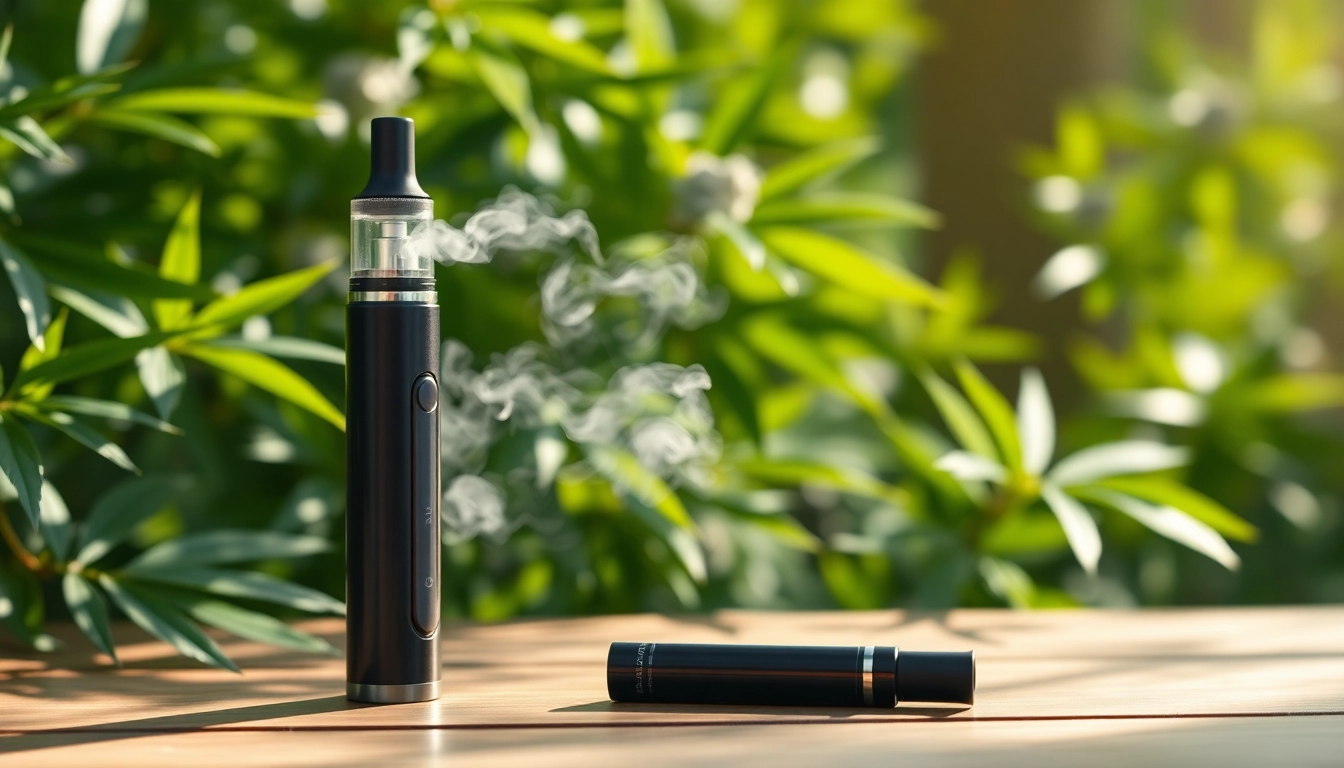 Vape clouds rising from a cbd oil vape device on a wooden table amid green foliage.