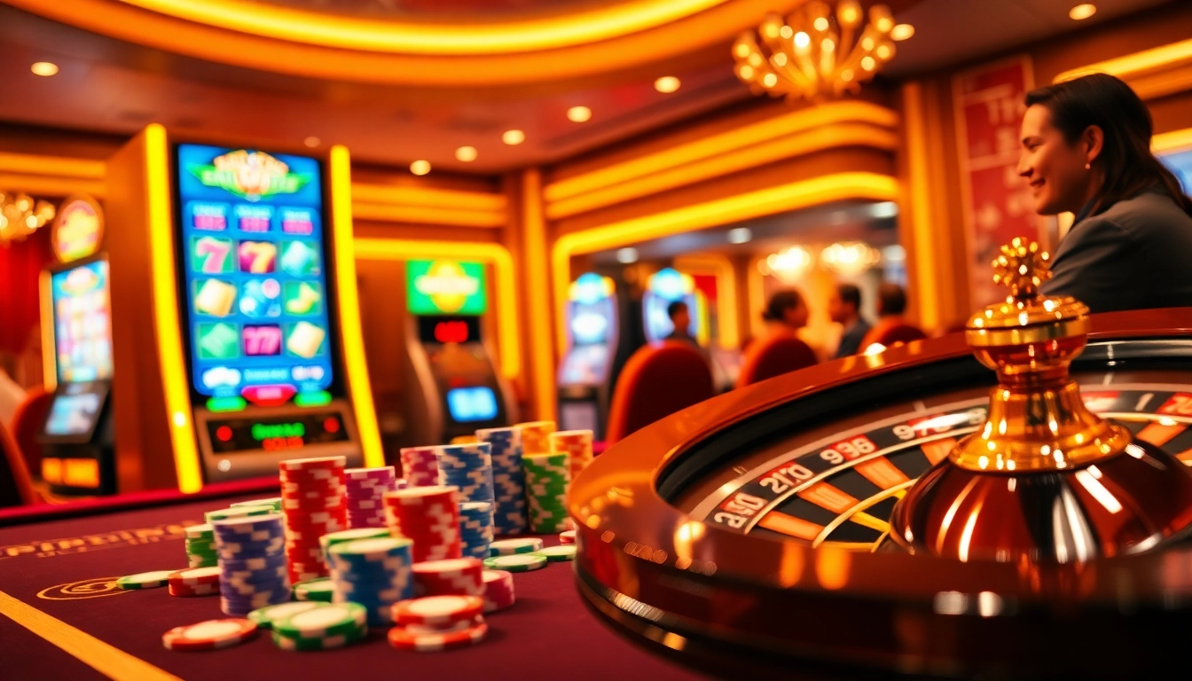 Enjoying a thrilling game at pen4d alternatif online casino featuring vibrant slot machines and poker chips.