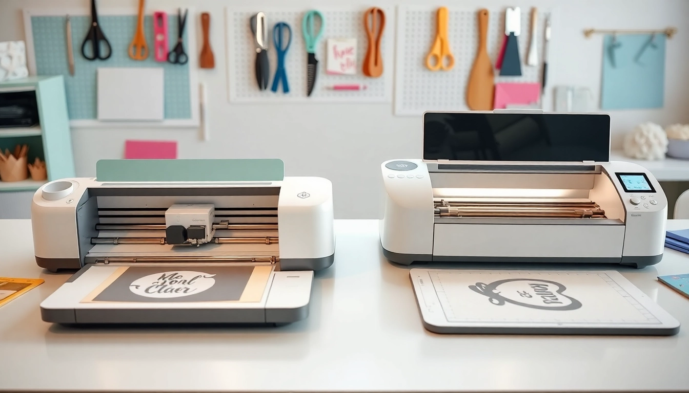 A side-by-side comparison of Cricut vs Silhouette machines on a crafting table, showcasing their features.