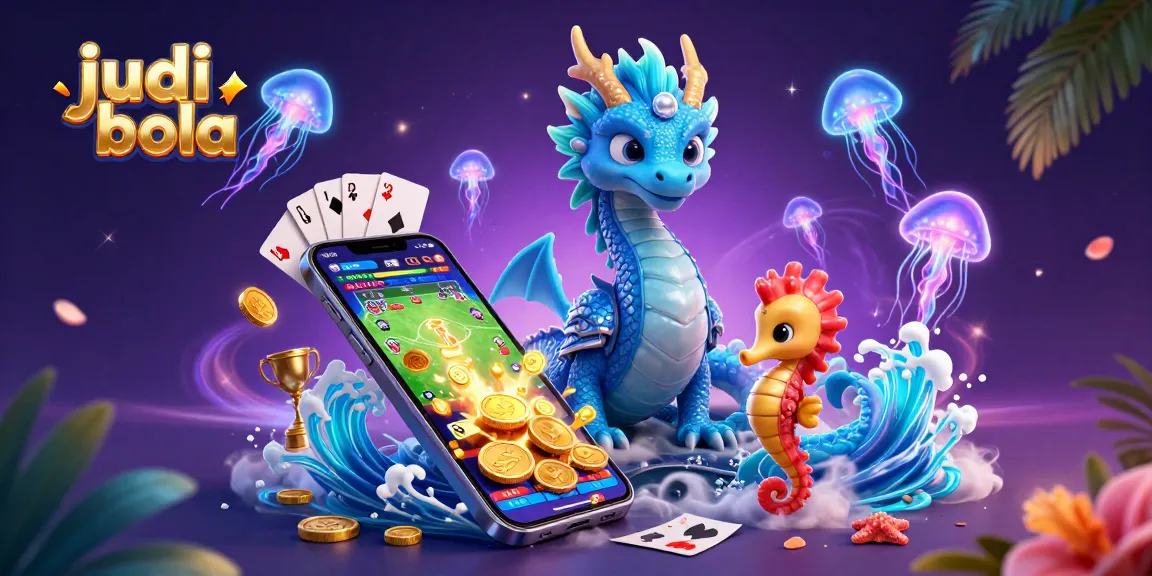 Engage in judi bola with a vivid 3D scene of a water dragon, sports betting elements, and vibrant marine life.