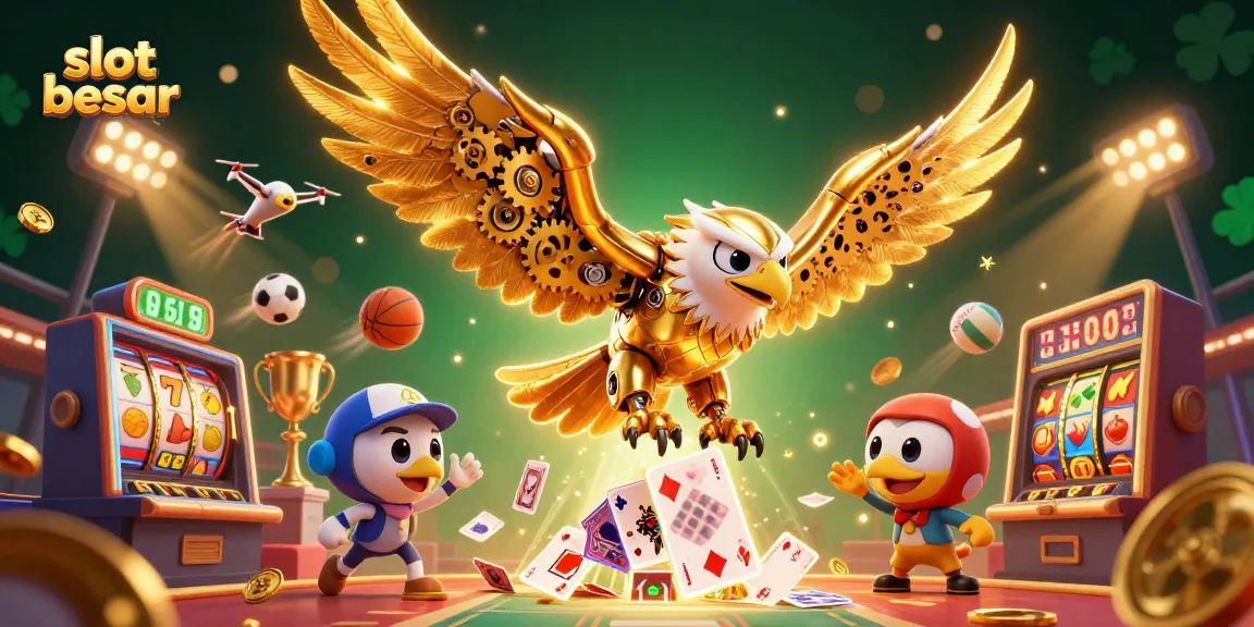 Experience the excitement of slot besar with a dynamic casino scene featuring a golden eagle and vibrant game elements.